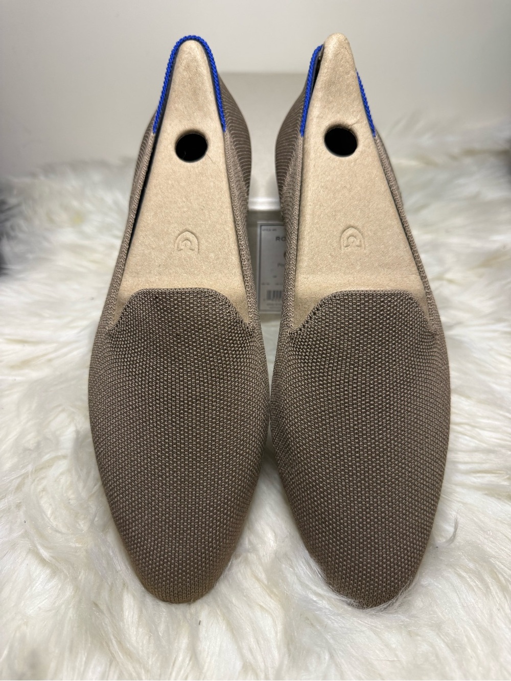 Rothy's Taupe Knit Slip-On Flats with Blue Trim